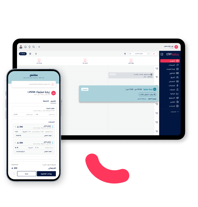 Toptalla booking calendar showing scheduled home visits on desktop and mobile