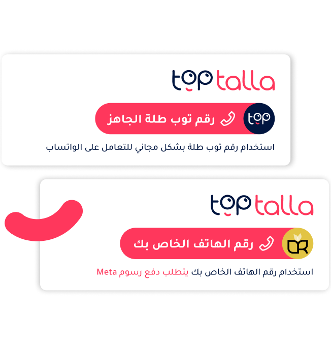 Toptalla WhatsApp setup showing free ready number vs. custom number requiring Meta payment